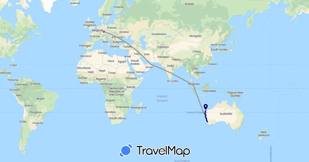 TravelMap itinerary: driving, plane, train in Australia, Germany, Malaysia, Oman (Asia, Europe, Oceania)